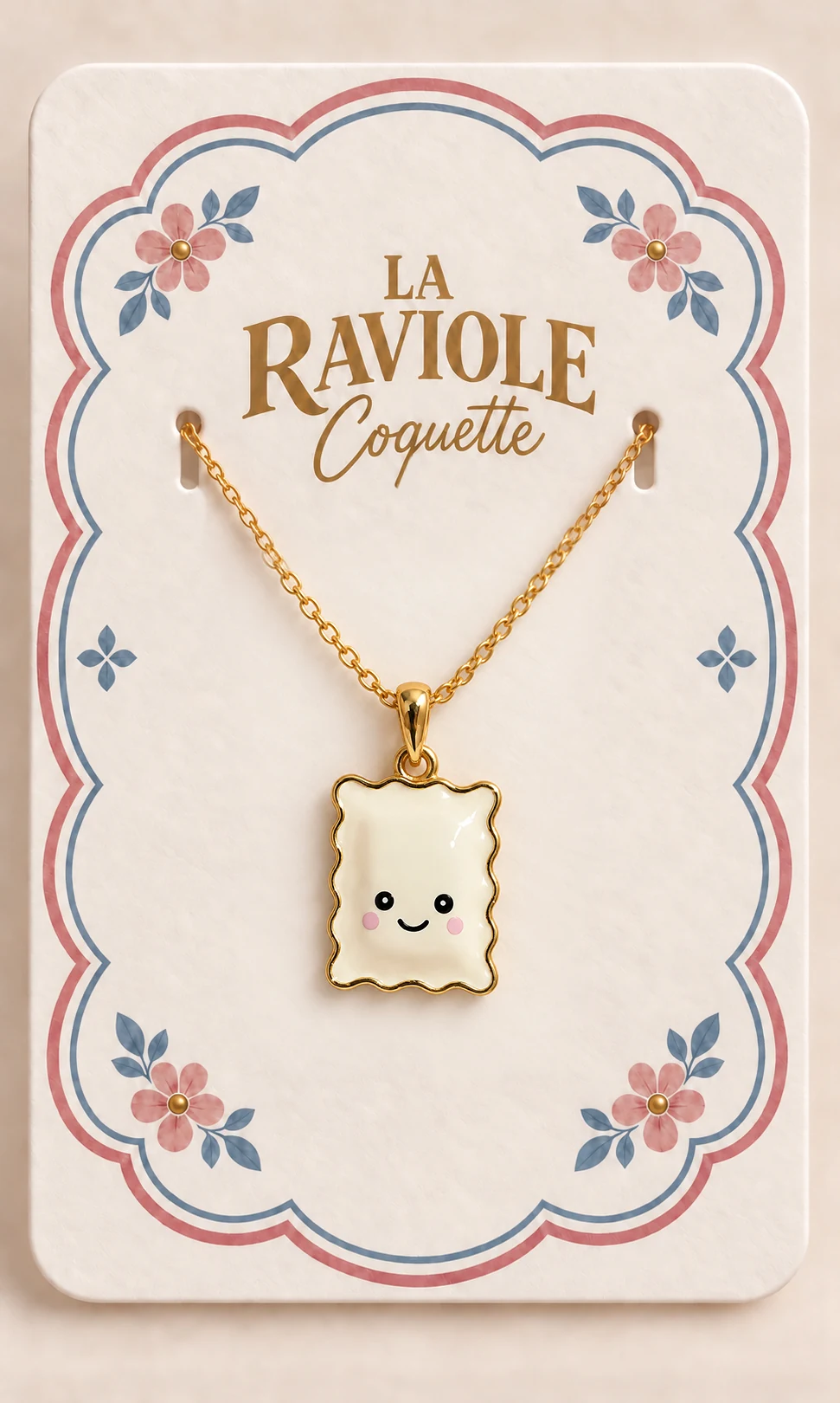 Le collier Raviole Coquette sur sa carte florale