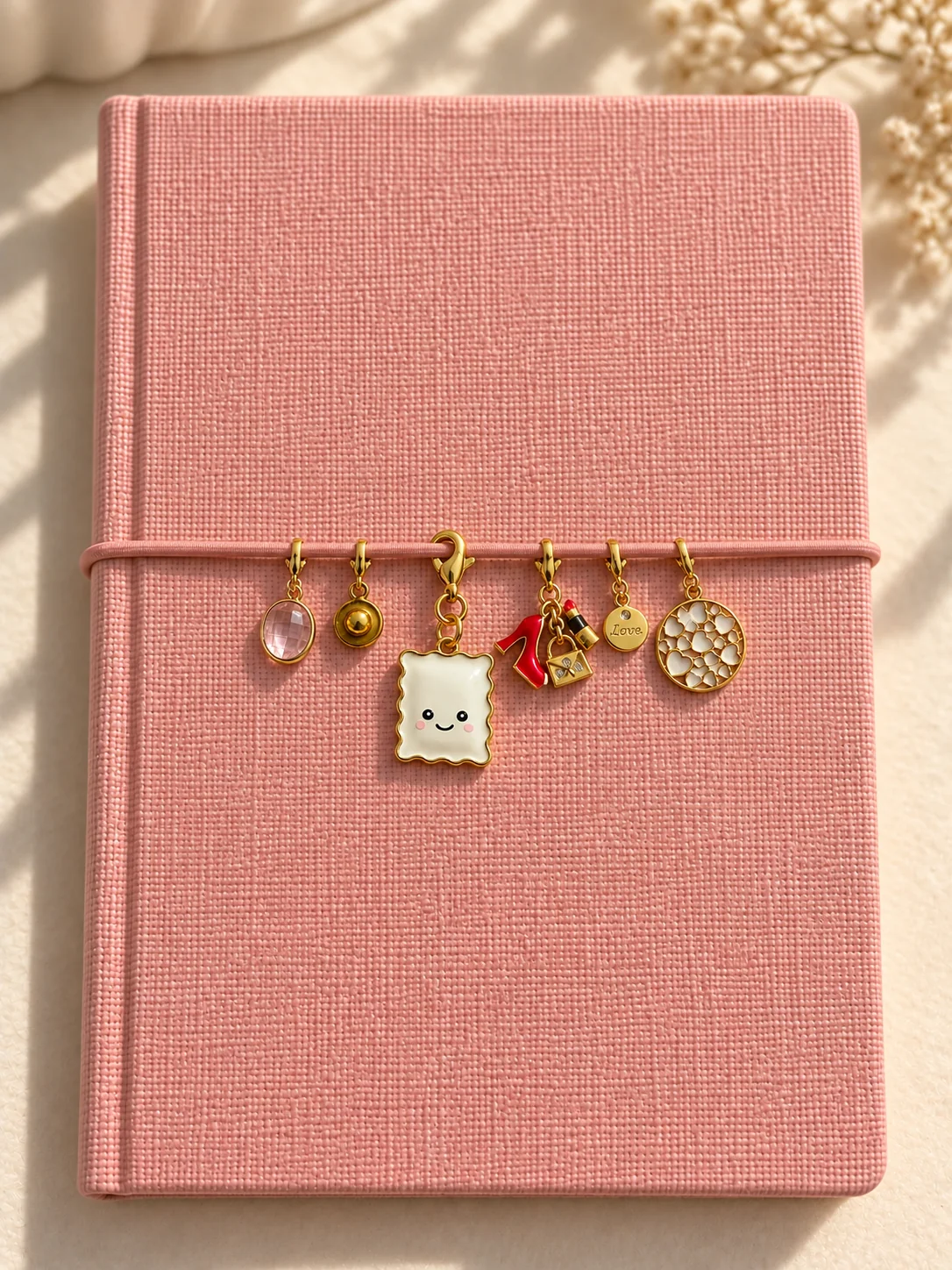 Gros plan de la raviole accrochée à l’élastique d’un carnet rose