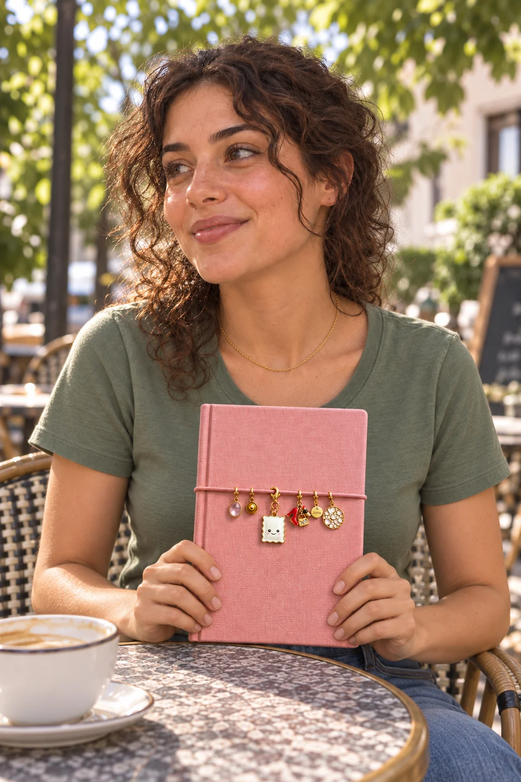Un carnet rose personnalisé avec le charm Raviole Coquette, porté au café
