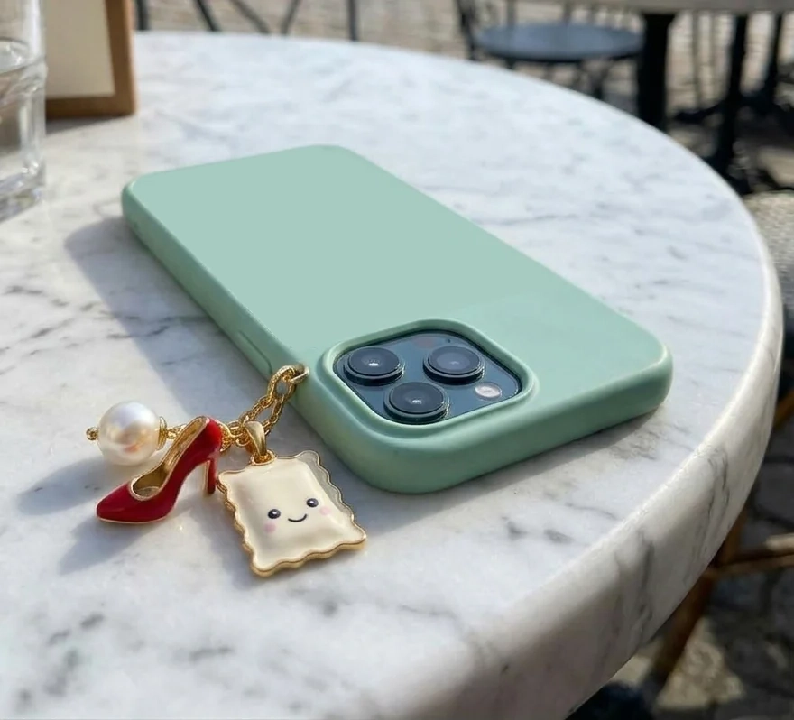 Le charm Raviole Coquette avec une perle et un escarpin rouge sur un smartphone