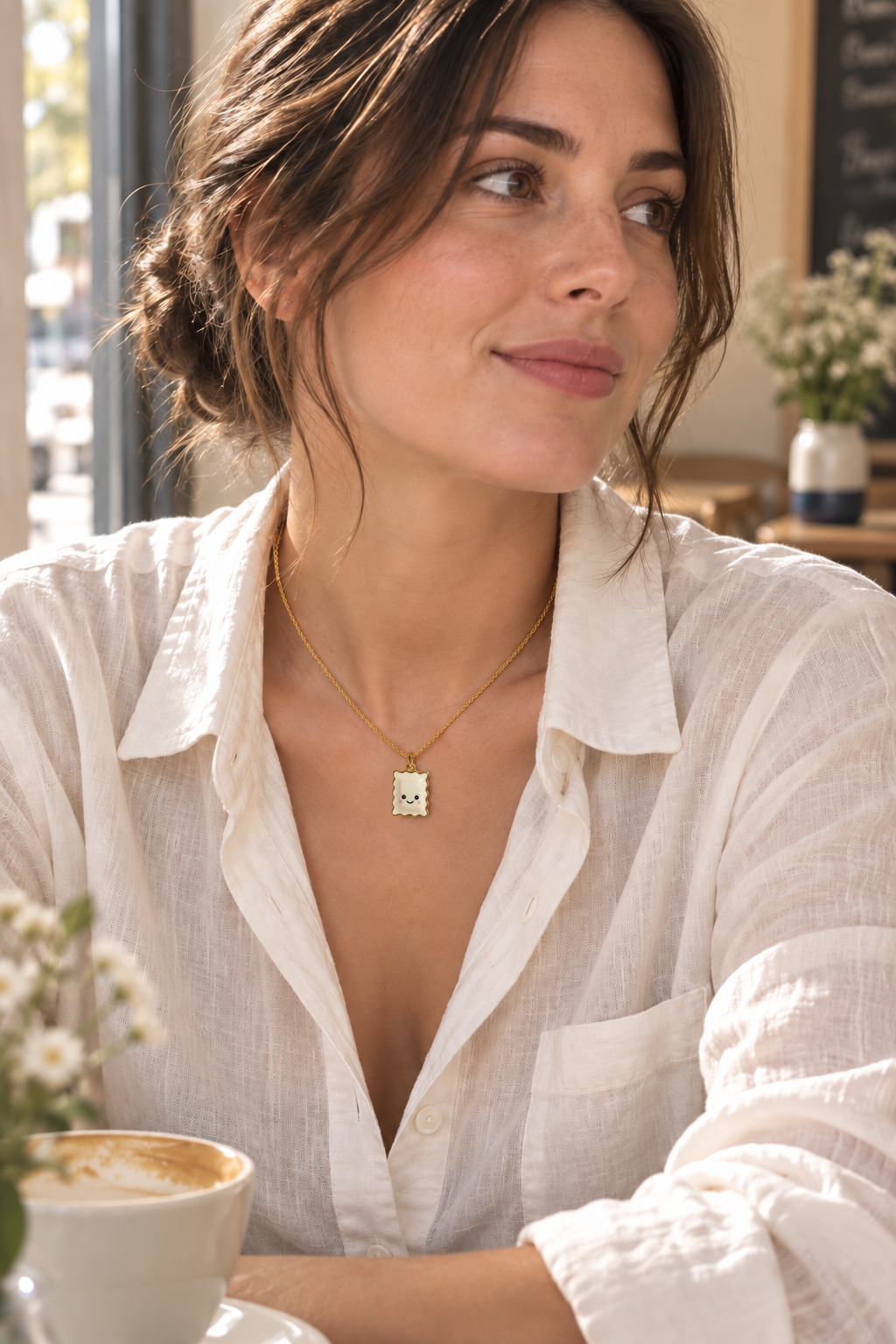 Le collier Raviole Coquette porté avec une chemise blanche