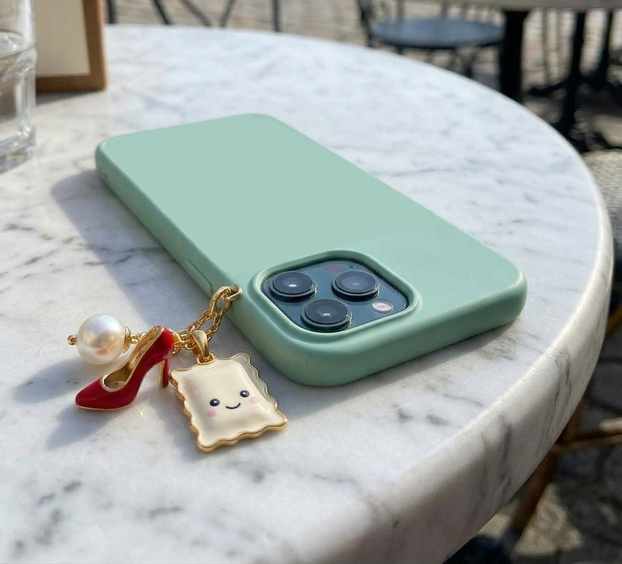 Raviole Coquette façon charme sur un téléphone vert posé sur une table